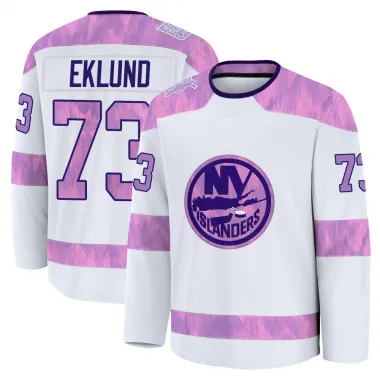 White Men's Victor Eklund Premium New York Islanders 2024 Hockey Fights Cancer Practice Jersey